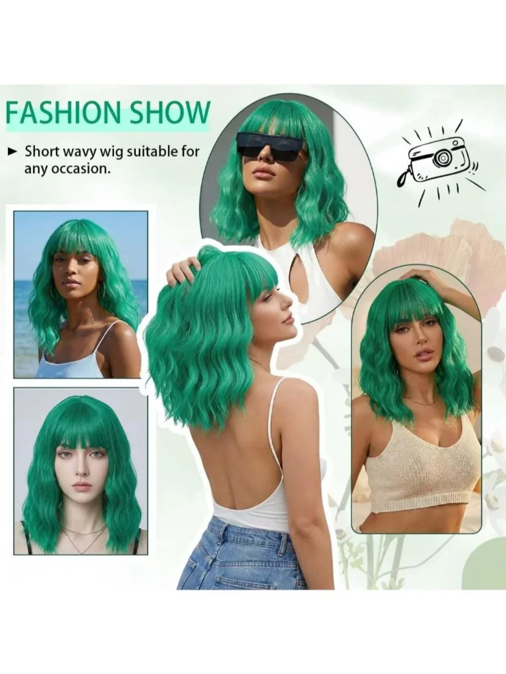 Women's Green 14 Inch Short Shoulder Length Synthetic Bangs Wavy Bob Wig